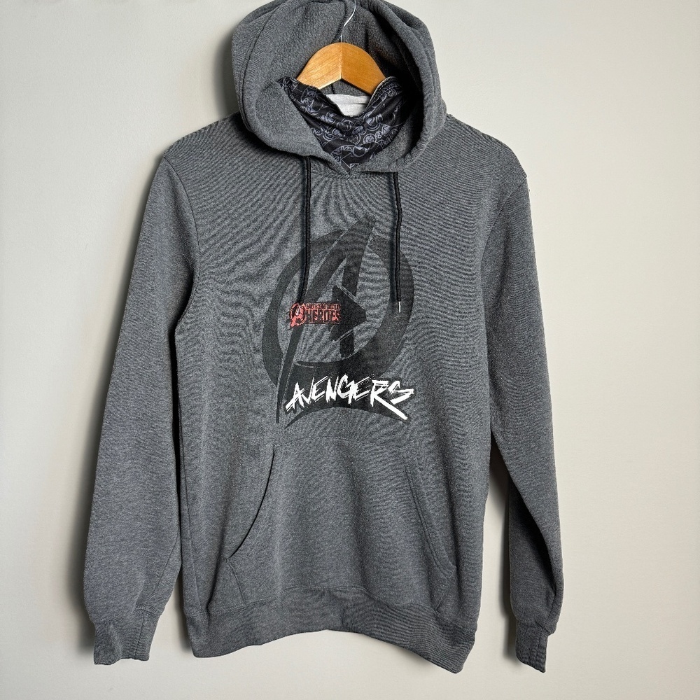 Marvel Avengers Gray Graphic Design Pullover Fleece Face Mask Hoodie Small